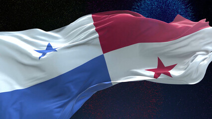 Panama flag - Waving flag on celebrating fireworks for national holiday day. Ceremony for patriotic...