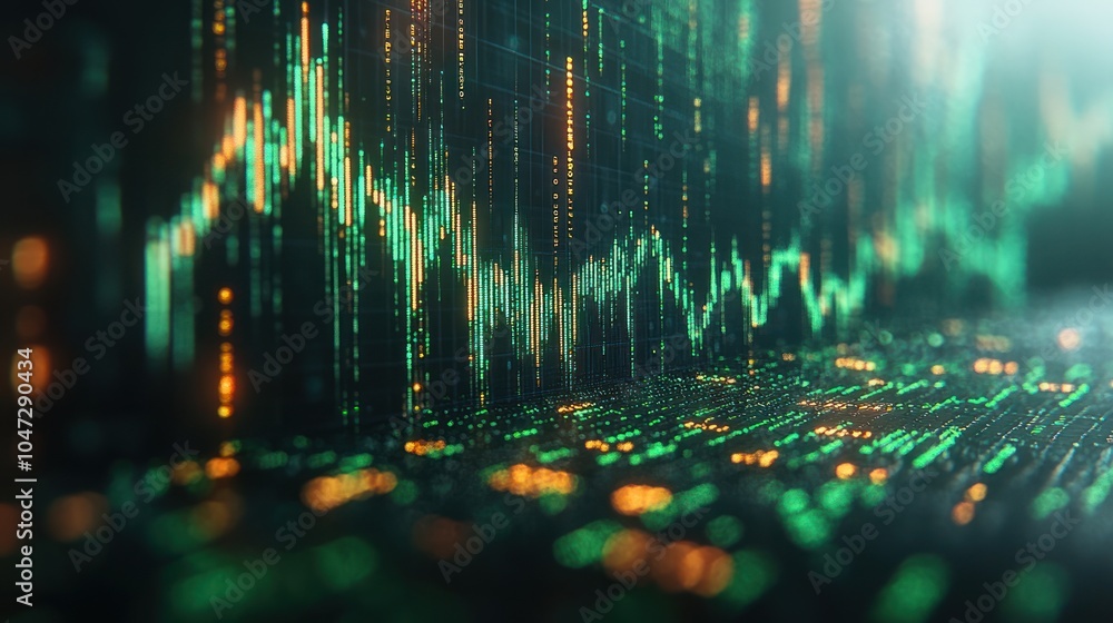 Poster abstract digital representation of financial data with green and orange elements.