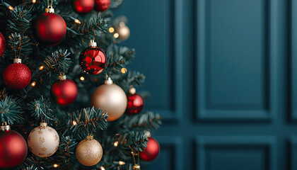 Fototapeta premium Christmas tree decorated with red and gold ornaments, elegant blue background.