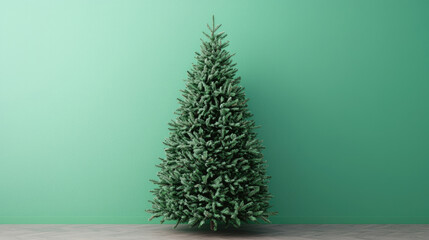 Naklejka premium Christmas tree on the floor against a vibrant green wall.
