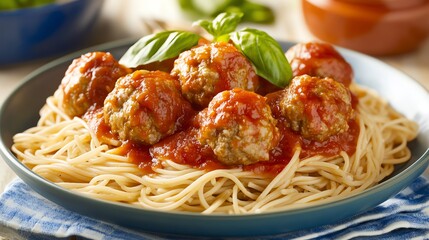 A delicious plate of spaghetti topped with savory meatballs and fresh basil, showcasing a classic Italian meal.