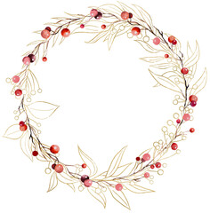 Christmas frame with watercolor twigs with red berries and golden leaves. Holidays Illustration