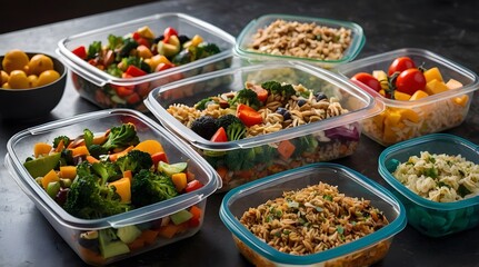 Fototapeta premium Healthy Meal Prep Containers with Fresh Vegetables and Protein for Balanced Diet .