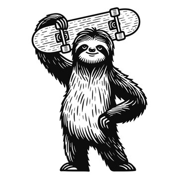 cool sloth holding a skateboard, funny animal skateboarder sketch