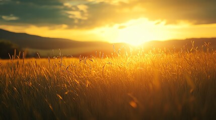 A serene golden sunset illuminating a wheat field, creating a peaceful and tranquil atmosphere in nature.
