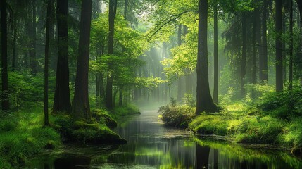 Obraz premium A serene forest scene with lush trees and a tranquil stream, perfect for nature lovers and relaxation.