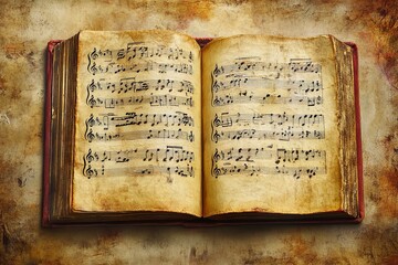 Aged book with music sheets. Vintage musical score. generative ai