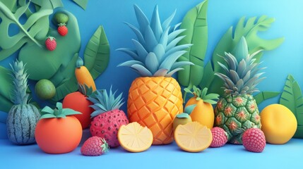 Simple embossed fruit illustration, 3D tropical style with bright colors in high definition.