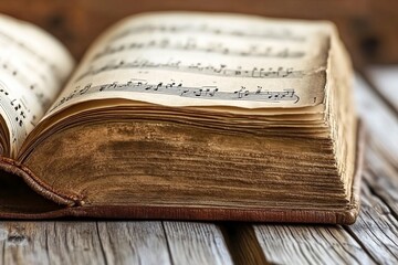Obraz premium Aged book with music sheets. Vintage musical score. generative ai