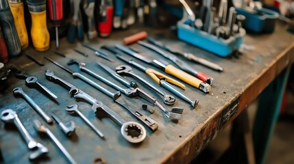 A variety of hand tools neatly arranged on a workbench, showcasing essential equipment for any DIY or professional project.