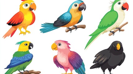Obraz premium A vibrant collection of colorful cartoon parrots perched on branches, showcasing their unique features and playful nature.