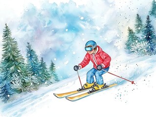 A skier in 1960s attire skiing downhill, framed by snowy evergreens, watercolor brushstrokes capturing movement and a nostalgic winter vibe