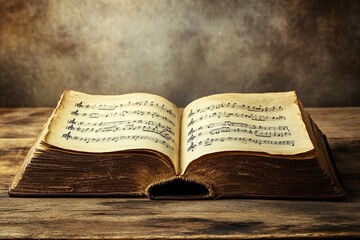 Aged book with music sheets. Vintage musical score. generative ai