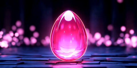 Glowing easter crystal egg on futuristic surface with soft pink lights