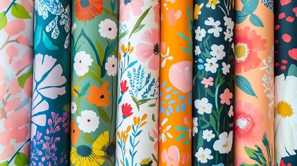 An array of vibrant floral wrapping papers showcasing various colorful patterns and designs perfect for any occasion.