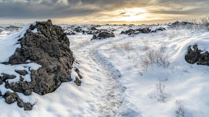 Obraz premium Snow-covered lava trail through icy terrain, stark white path winding through dark rocks.