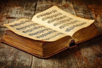 Obraz premium Aged book with music sheets. Vintage musical score. generative ai