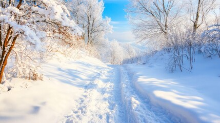 Snow-covered mountain trail with deep snowdrifts, peaceful winter scene under bright blue sky.