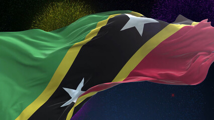 Saint Kitts and Nevis flag - Waving flag on celebrating fireworks for national holiday day....