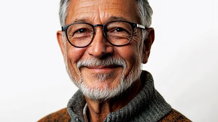 A smiling man with graying hair and a beard wears glasses against a white background