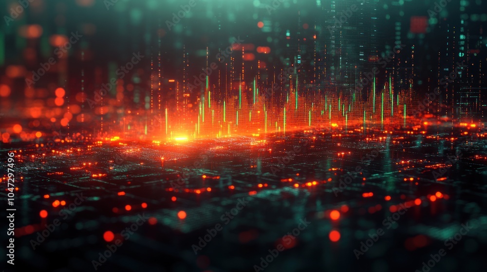 Poster abstract digital landscape with vibrant data visualization elements in red and green hues.