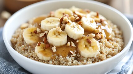 Delicious bowl of oatmeal topped with banana slices, nuts, and syrup for a healthy breakfast.