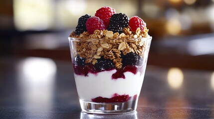 Delicious parfait with layers of yogurt, berries, and granola served in a clear glass. Perfect for healthy snack or breakfast.