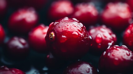 Close-up of fresh red berries with droplets of water, showcasing vibrant color and texture on a dark background.