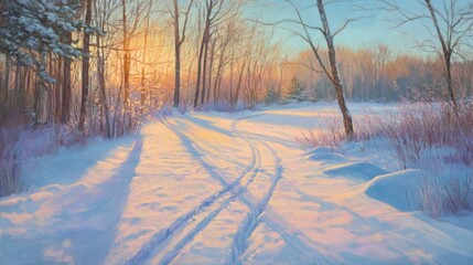 Snowy trail through winter landscape, soft sunrise glow casting long shadows along the path.