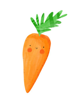 Naklejki Happy Carrot Isolated on White. Cartoon of Carrot On A White Background. Funny Hand Drawn Kawaii Style Carrot. Cute Nursery Art With Happy Vegetable. Healthy Food.