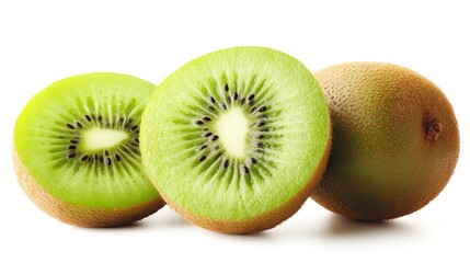 Fototapeta premium Fresh kiwi fruit, halved to reveal vibrant green flesh and tiny black seeds, perfect for healthy eating and vibrant recipes.