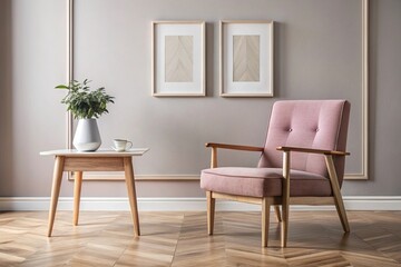 Wooden Scandinavian furniture, side table, dusty rose armchair, wall art frame, Forced Perspective