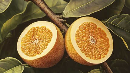 Vibrant, fresh orange halved, showcasing juicy segments and textured flesh, sitting on a branch...