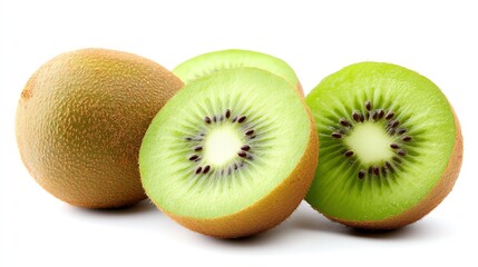 Fototapeta premium Fresh kiwi fruit, both whole and sliced, showcasing vibrant green interior and rich texture. Perfect for healthy lifestyle imagery.