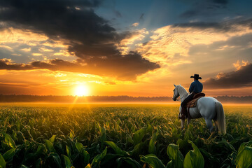 Fototapeta premium Fazendeiro a cavalo olhando a plantação de milho no por do sol, céu com nuvens intensas
