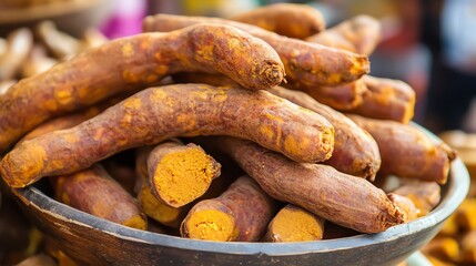 Freshly harvested turmeric roots displayed in a traditional bowl, showcasing their vibrant color and natural textures.