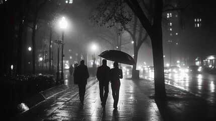 Silhouettes of three people walking under an umbrella in a rainy, foggy city scene, illuminated by streetlights.