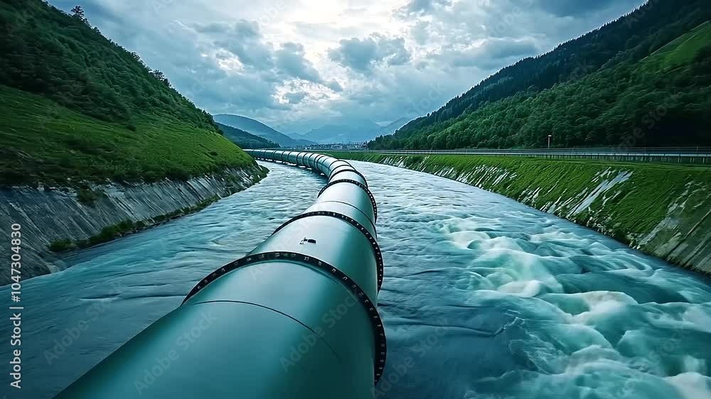 Poster a striking image of the green hydrogen pipeline running parallel to a river, symbolizing the harmony