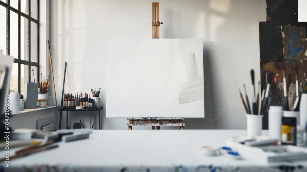 Poster a sleek and modern art studio design boasting a pristine white canvas backdrop, minimalist art suppl