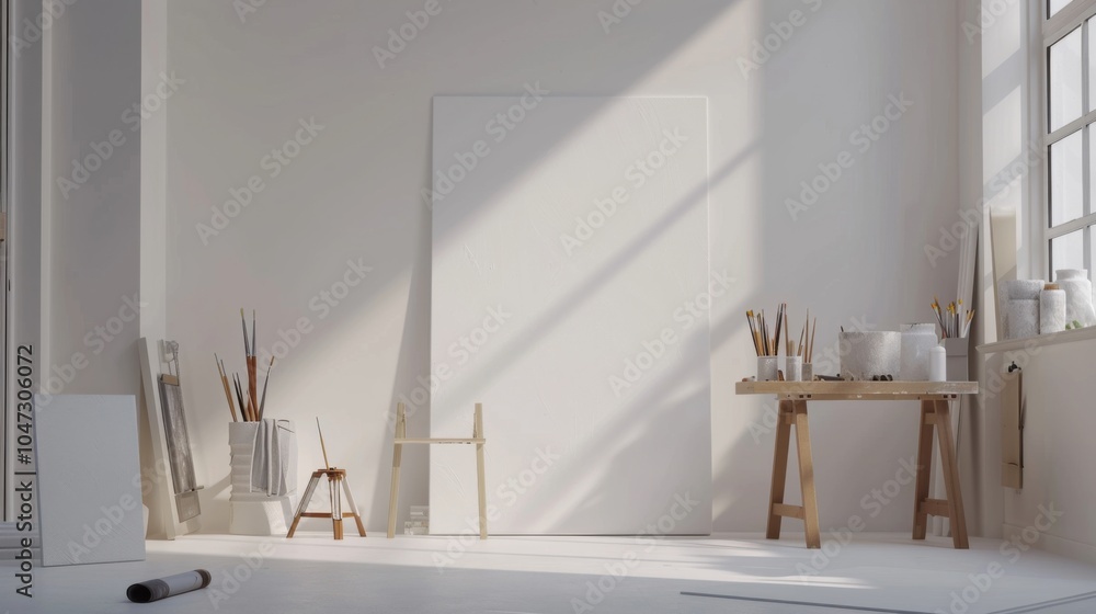 Poster a sleek and modern art studio design featuring a pristine white canvas backdrop, minimalist art supp