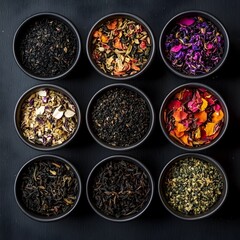 Assortment of Artisanal Teas for Website and Aesthetic Presentation with Black Background