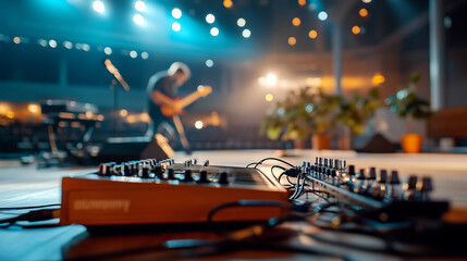 Banner Of Guitarist Performing On Stage Surrounded By Bright Concert Lights Evening Passionate Melody In Auditorium With Musical Equipment Vibrant Show