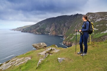Woman tourist in Slieve League, Ireland
