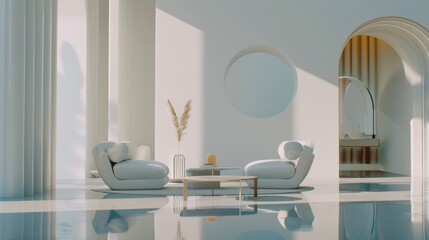 A sleek and modern living room design showcasing a white canvas backdrop, Thoughtfully arranged minimal furniture, Minimalist retro-futuristic style