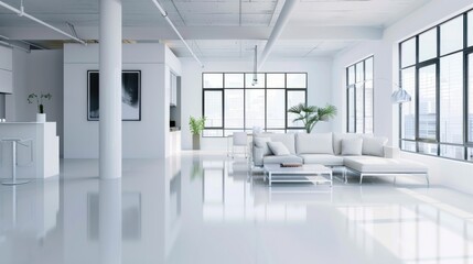 A sleek and modern loft apartment boasting a pristine white canvas backdrop, Minimalist furnishings arranged for functionality and style, Contemporary minimalist style