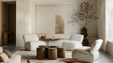 A sleek and modern lounge area adorned with a minimalist white canvas background, Featuring carefully arranged furnishings for a refined ambiance, Infusing eclectic style with minimalist sensibilities