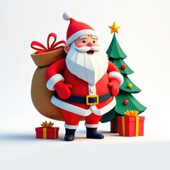 Cheerful Santa Claus with a bag of gifts stands beside a decorated Christmas tree in a whimsical holiday setting