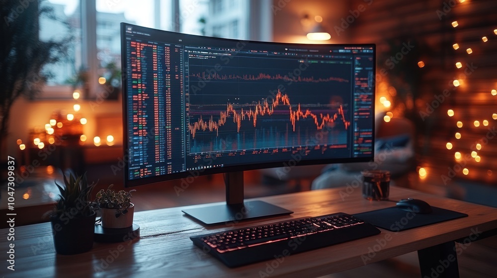 Poster a modern workspace featuring a curved monitor displaying stock market data and a cozy atmosphere.