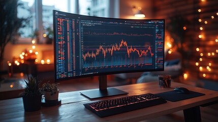 A modern workspace featuring a curved monitor displaying stock market data and a cozy atmosphere.