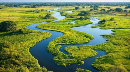 Naklejka premium Top view of wetlands, with winding water channels and patches of dense reeds.